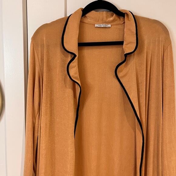 ZARA Light Brown Stretch Apricot Black Piped Open Front Side Slit Jacket Size S - Picture 3 of 9